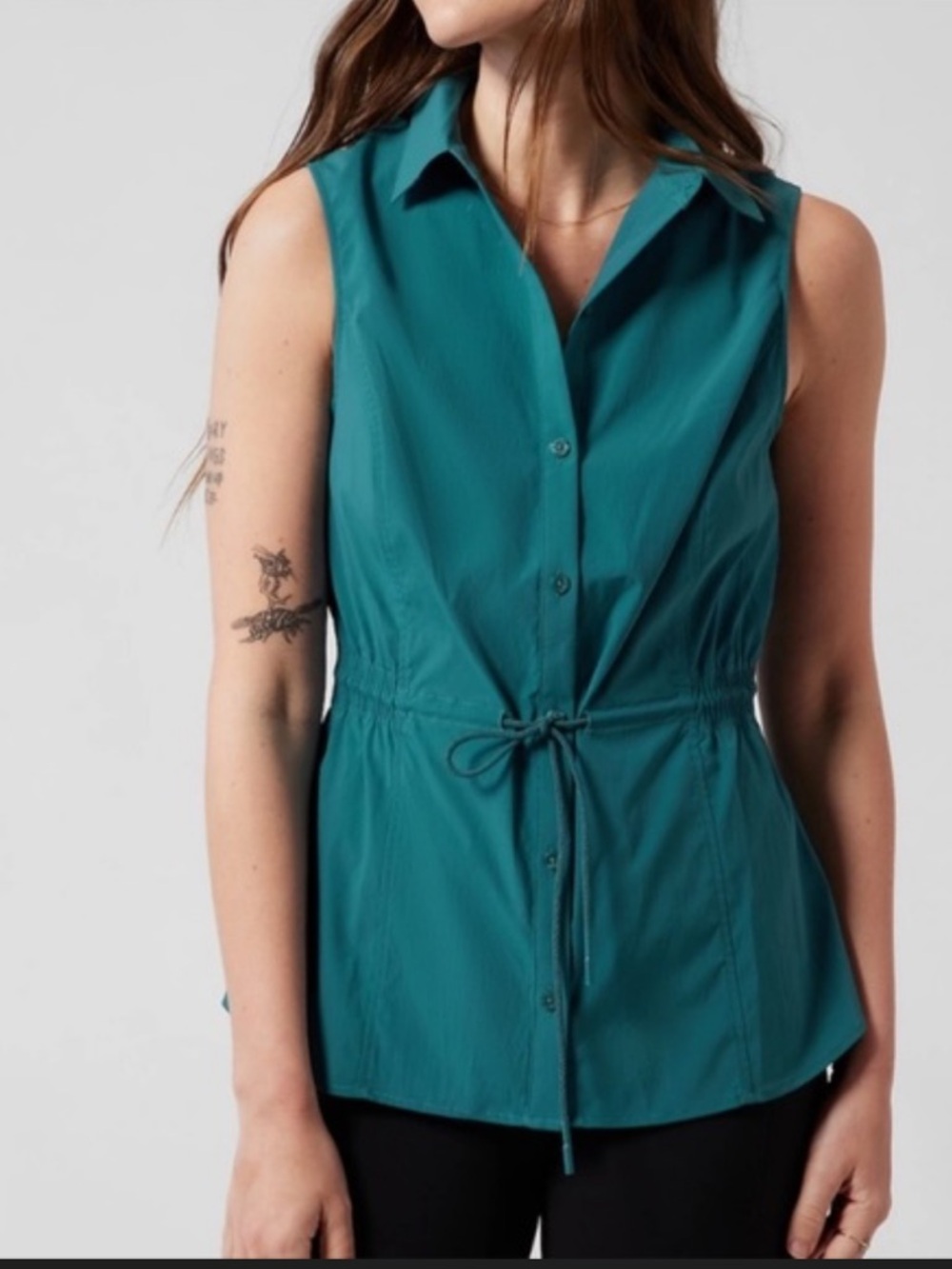 Athleta Levitate Poplin Sleeveless Button-Down Tank Top Teal Blue Tie Waist L